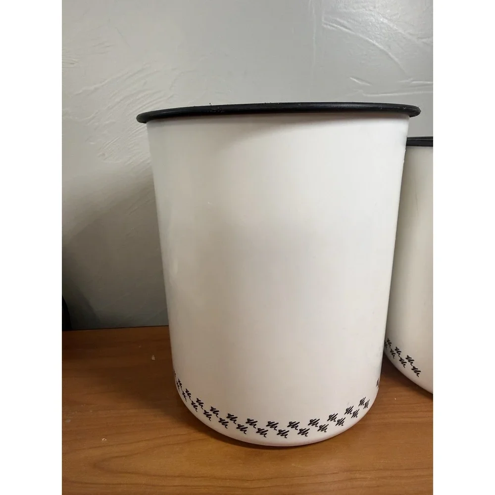 2 Tupperware One Touch Canisters M&L White Black Checker Print Design Black Lids